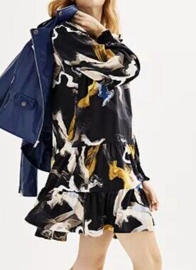 Nine West Black Abstract Print Tiered Mini Dress with Yellow & White Accents